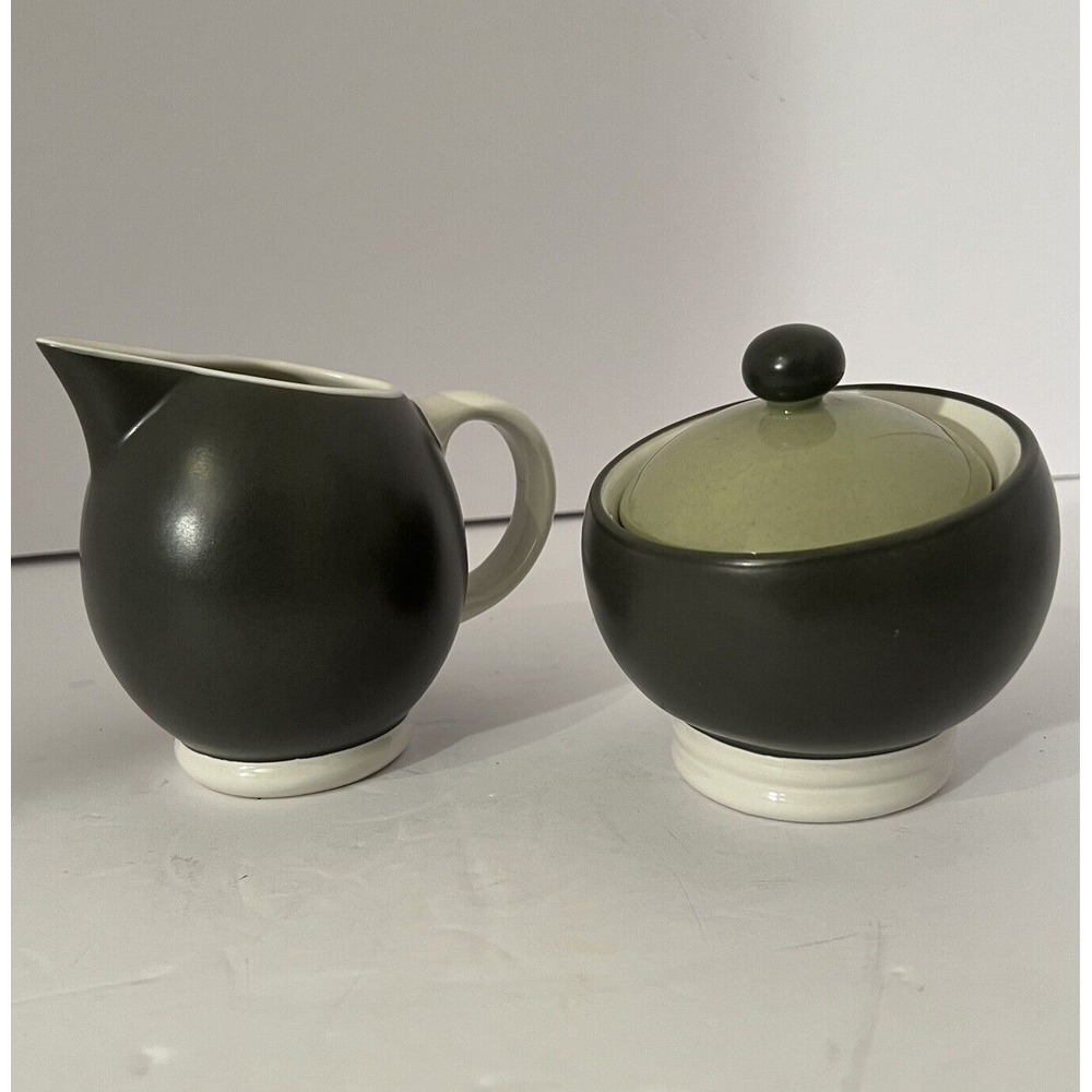 Pfaltzgraff Gray and Sage Green Sphere Creamer & Sugar Bowl w/ Lid, Coffee‎ Tea